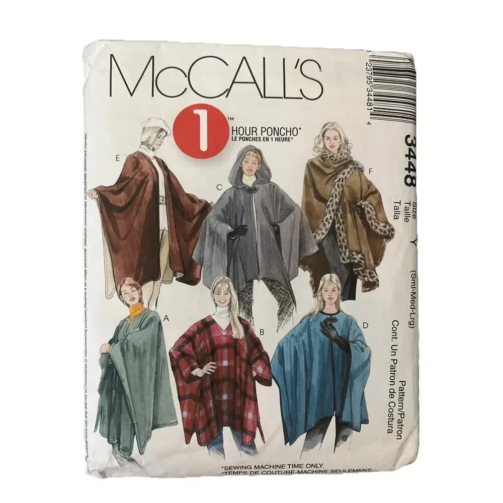 McCalls Sew Pattern 3448 Misses One Hour Ponchos Six Styles S-M-L, 8-18 UNCUT